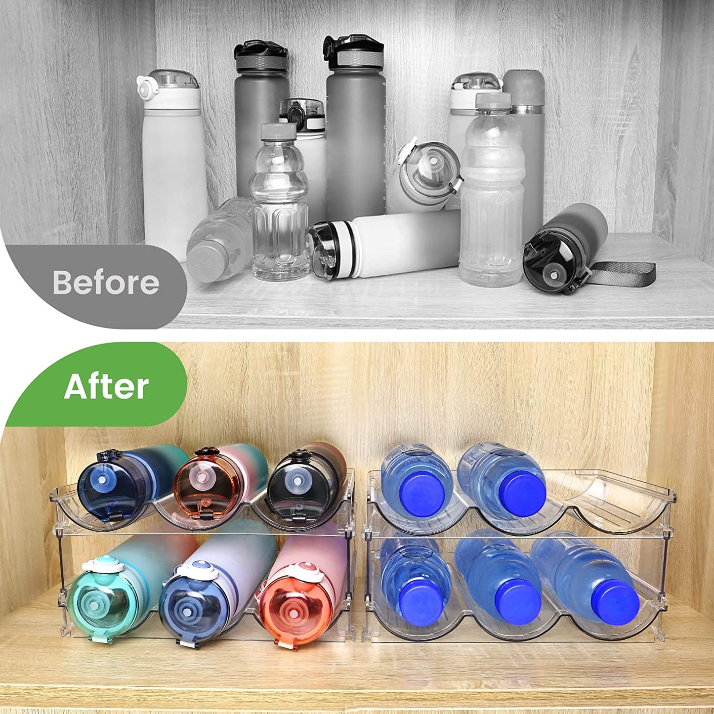 Water Bottle Storage Organizer - 2 Pack Stackable Rack for Cabinet Use