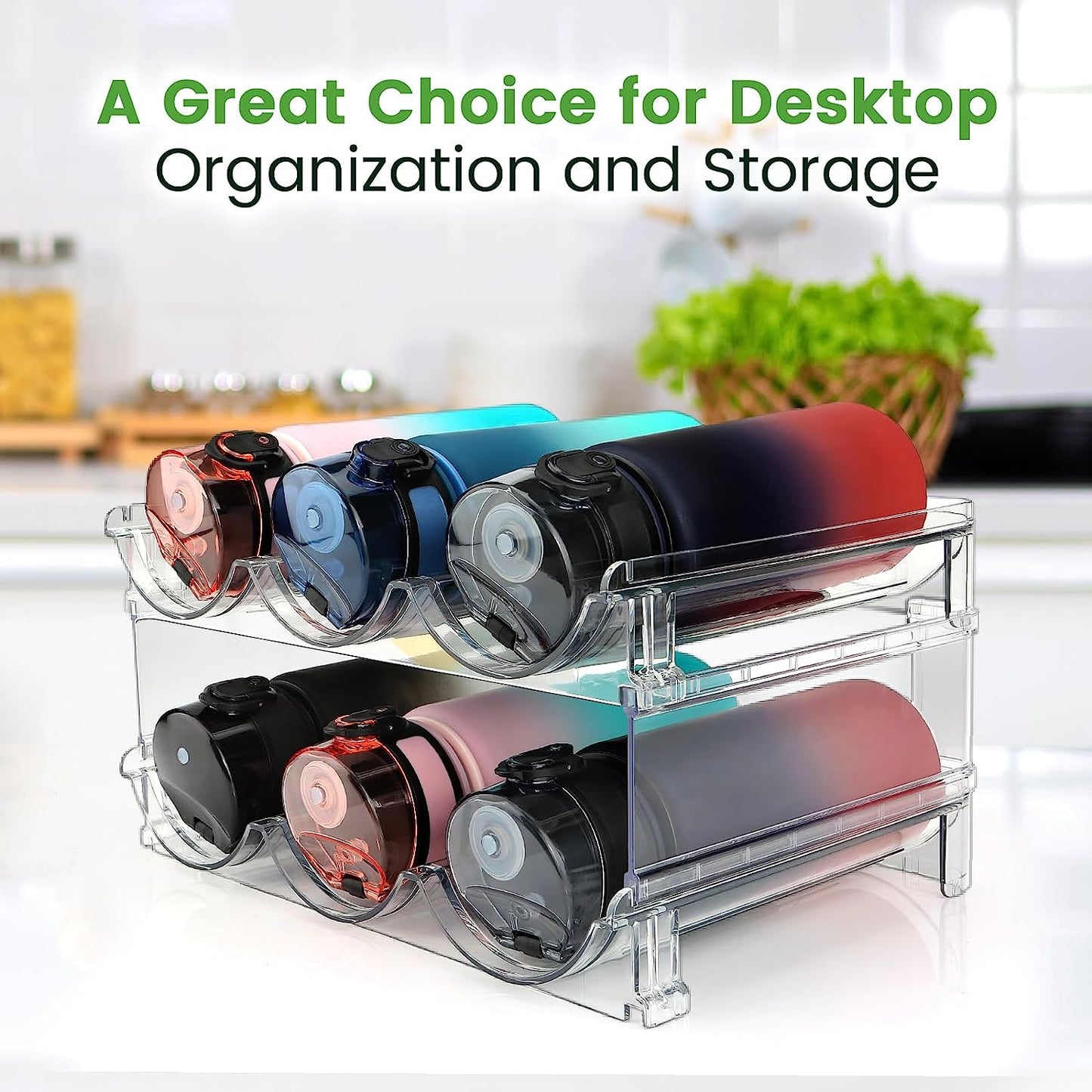 Water Bottle Storage Organizer - 2 Pack Stackable Rack for Cabinet Use